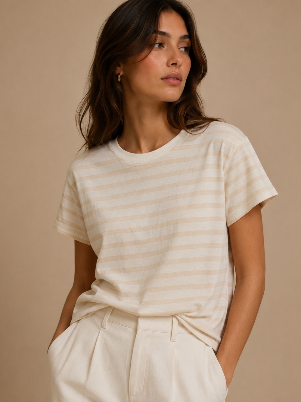 Z Supply Beige Cream Striped Tee Size Large Neutral Coastal Minimalist